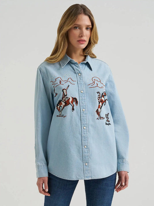 Womens Embroidered Boyfriend Western Snap Denim Shirt in Denim Blue