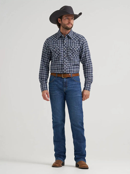 Men's Wrangler Retro® Long Sleeve Flannel Western Snap Plaid Shirt in Blue Noir