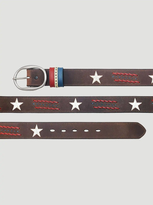 Women's Star Embroidered Leather Belt in Brown