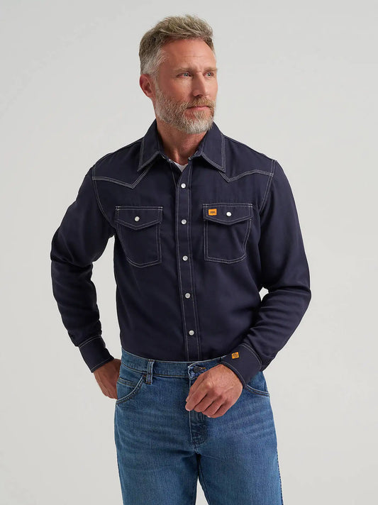 Men's Wrangler® FR Flame Resistant 20X Western Snap Solid Shirt in Navy