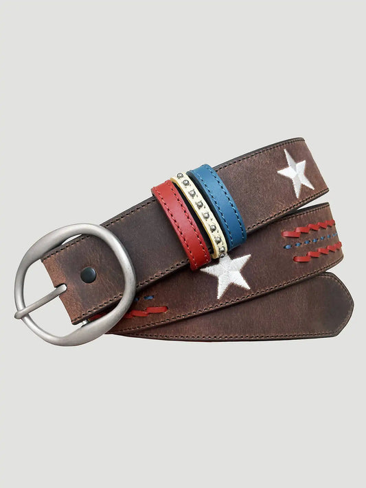 Women's Star Embroidered Leather Belt in Brown