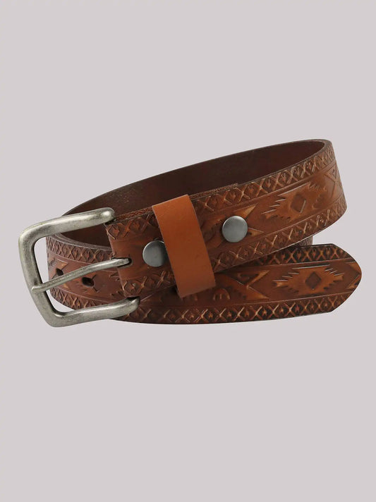 Men's Pattern Embossed Leather Belt in Tan