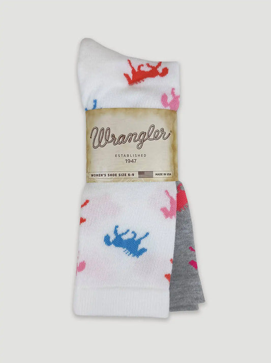 Womens Bright Horse Crew Socks 2 Pack:White/Grey:One Size