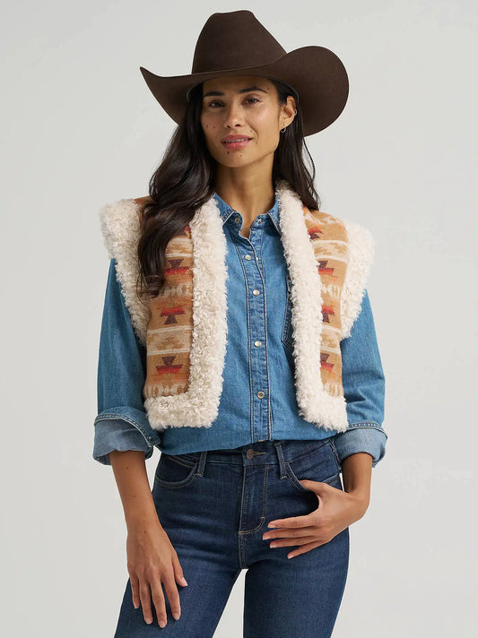 Women's Sherpa Lined Jacquard Vest in Tan