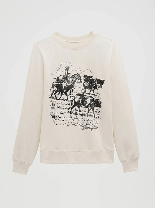 Women's Cattle Drive Graphic Fleece Reg Pullover in Egret