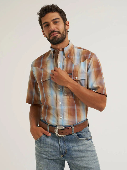 Wrangler All Terrain Gear Men's Performance Plaid Shirt in Sepia