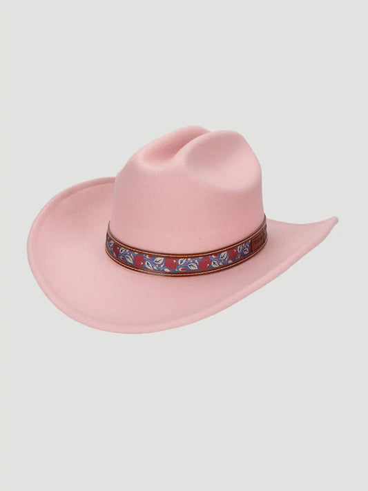 Womens Floral Trim Faux Wool Cowboy Hat:pink:One Size