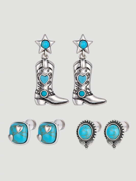 Turquoise Stone Earrings 3 Piece Set:Silver:One Size: