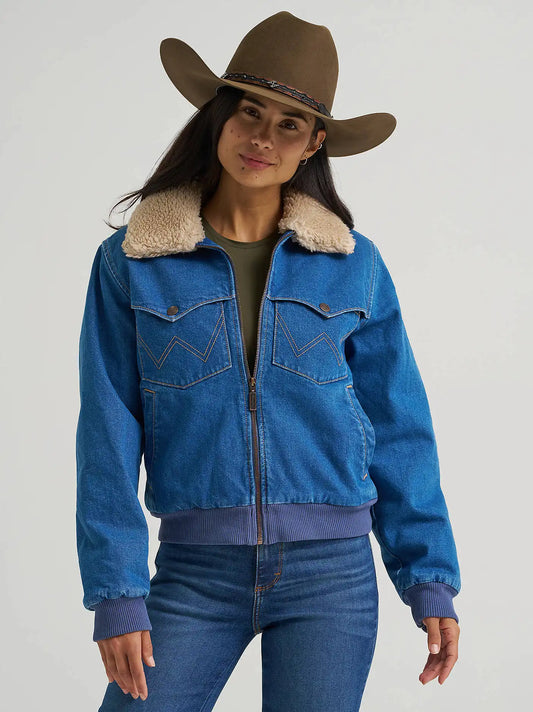 Women's Wrangler Denim Sherpa-Lined Bomber Jacket in Denim