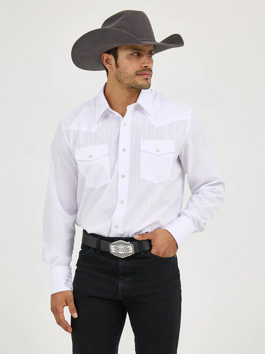 Wrangler® Western Long Sleeve Western Snap Dobby Stripe Shirt in White