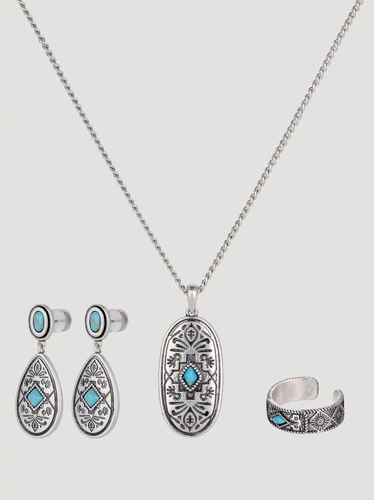 Southwest Stone 3 Piece Jewelry Set:Silver Turquoise:One Size: