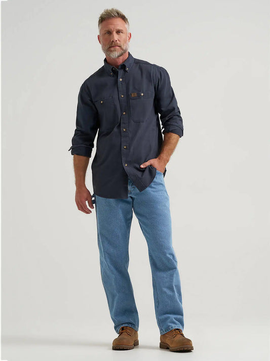 Wrangler® RIGGS Workwear® Long Sleeve Button Down Solid Twill Work Shirt in Navy