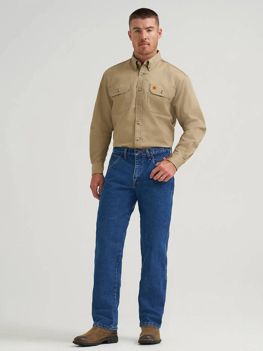 Wrangler® FR Flame-Resistant Button Down Work Shirt in Khaki