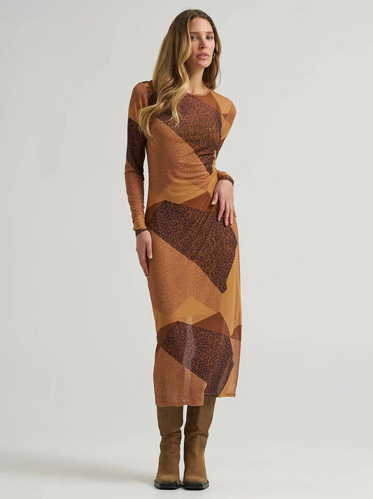 Women's Mesh Overlay Maxi Dress in Brown