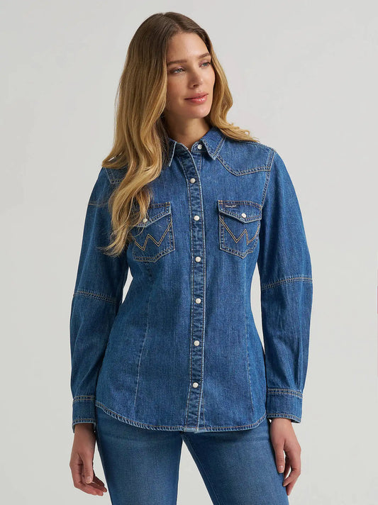 Women's Barrel Sleeve Denim Western Snap Shirt in Denim