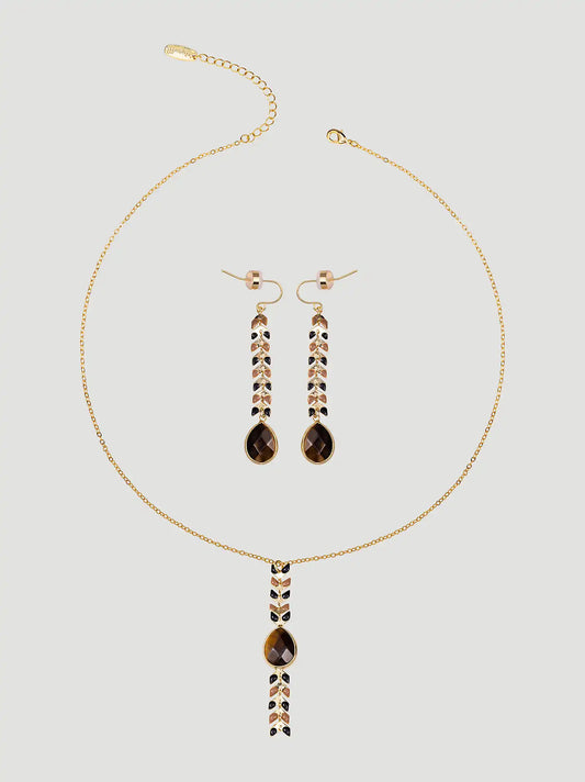 Teardrop Pendant Beaded Necklace Earring Set:Brown:One Size