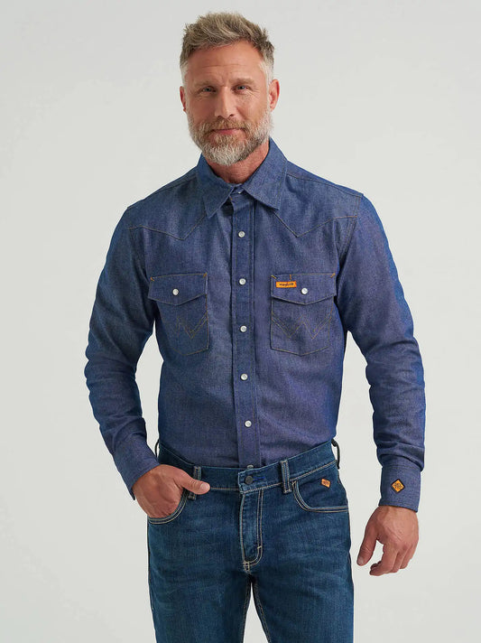Wrangler® FR Flame Resistant Long Sleeve Denim Work Shirt in Denim