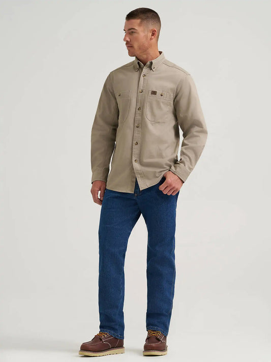 Wrangler® RIGGS Workwear® Long Sleeve Button Down Solid Twill Work Shirt in Khaki