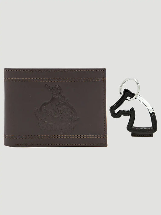 Mens Embossed Wallet & Horse Carabiner Set:Chocolate:One Size
