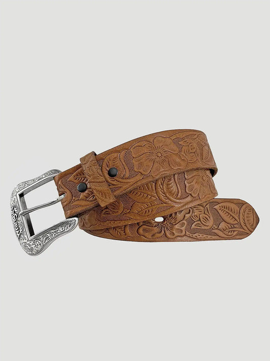 Womens Floral Embossed Leather Belt:Brown:XXL
