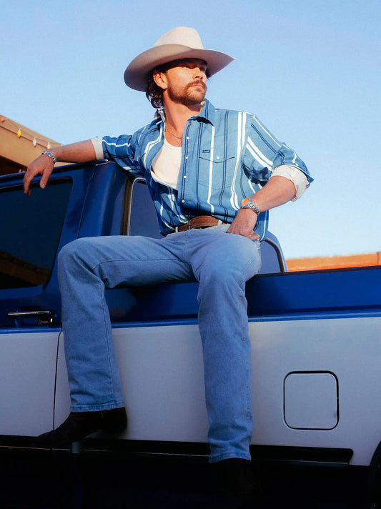 Vintage-Inspired Brushpopper Western Snap Workshirt in Intrepid Blue
