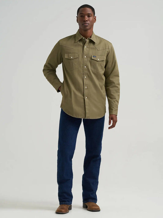 Men's Wrangler® Long Sleeve Flannel Lined Solid Work Shirt in Woodland Green