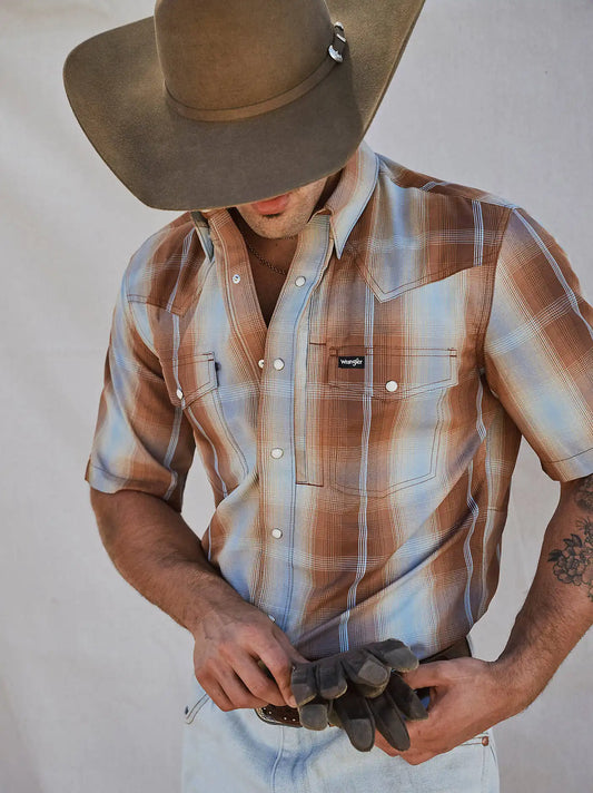 Wrangler All Terrain Gear Men's Performance Plaid Shirt in Sepia