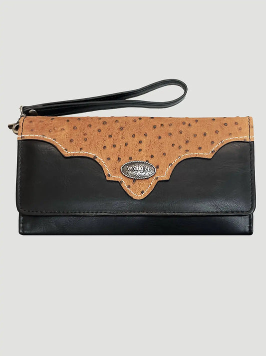 Ostrich and Concho Logo Wristlet:Black/Tan:One Size