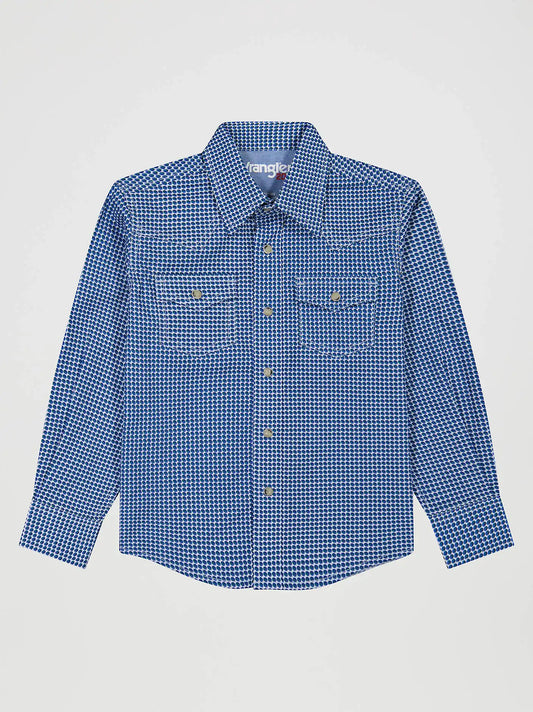 Boy's Wrangler® 20X® Advanced Comfort Western Snap Print Shirt in Midnight Blue