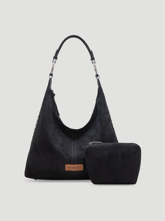 Suede Boho Bag with Cosmetic Case:Black:One Size