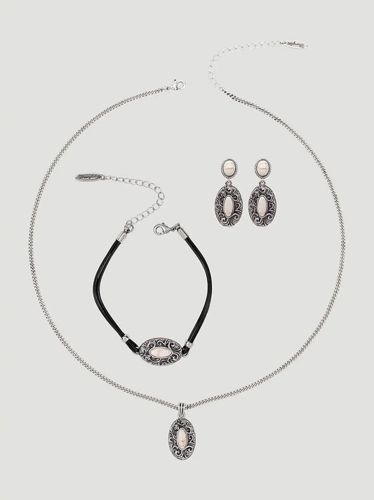 Stone Pendant Necklace Earring Bracelet Set:Beige:One Size
