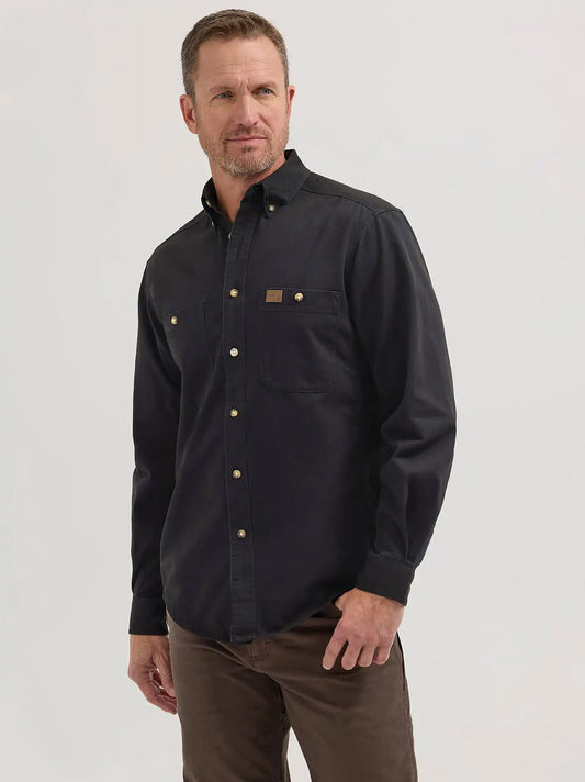Wrangler® RIGGS Workwear® Long Sleeve Button Down Solid Twill Work Shirt in Black
