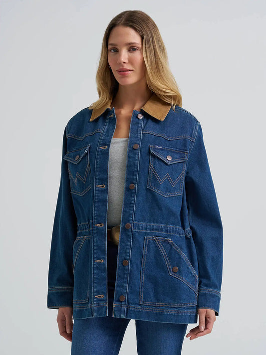 Women's Denim Cinched Waist Barn Jacket in Denim