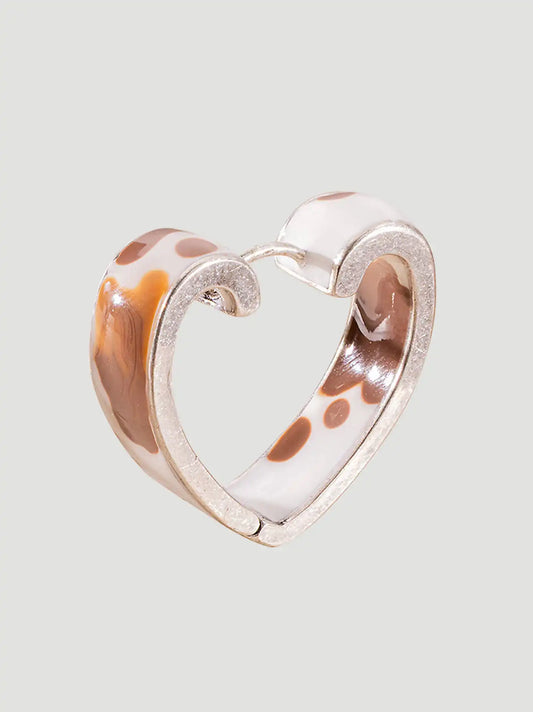 Cow Print Heart Hoop Earrings:Silver/Brown:One Size: