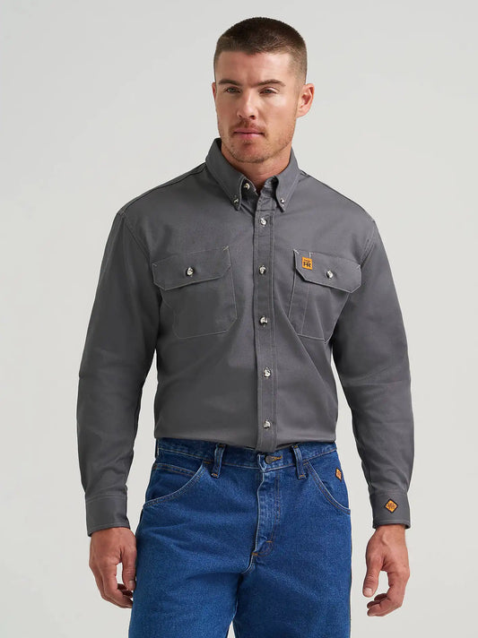 Wrangler® FR Flame-Resistant Button Down Work Shirt in Slate Grey