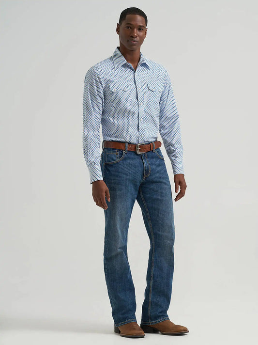 Men's Wrangler Retro® Long Sleeve Sawtooth Snap Pocket Western Shirt in Blue Bee