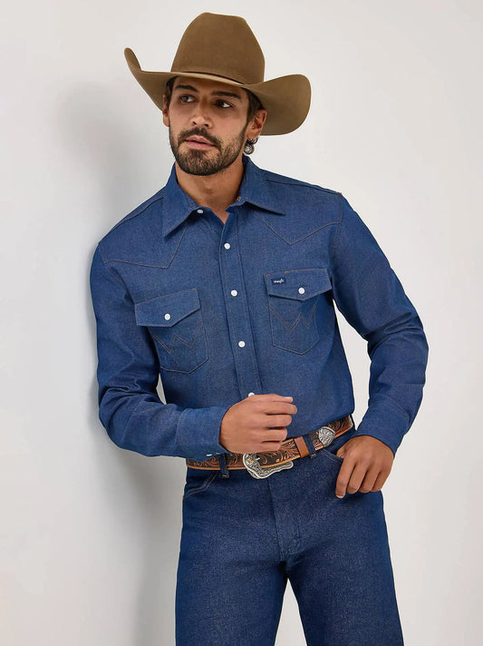 Cowboy Cut Long Sleeve Western Denim Snap Work Shirt in Blue
