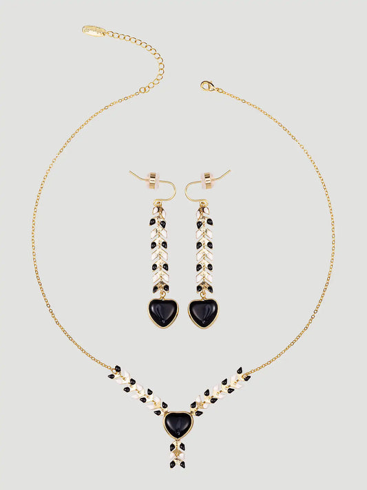 Heart Pendant Beaded Necklace Earring Set:Black:One Size