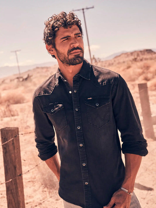 Men's Denim Western Snap Front Shirt in Black Denim