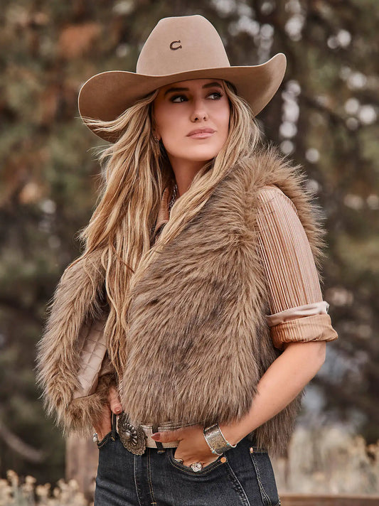 Lainey Wilson x Wrangler Faux Fur Vest in Brown