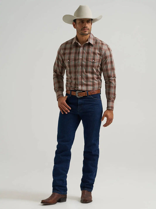 Men's Wrinkle Resist Long Sleeve Western Snap Plaid Shirt in Biscotti
