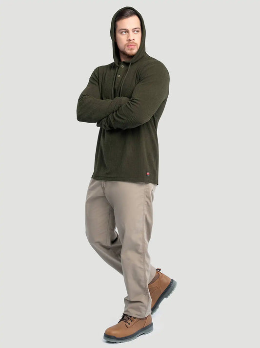 Men's Hooded Workwear Grid Fleece Henley in Olive Green
