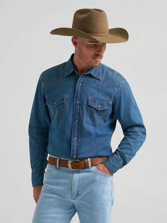 Men's Wrangler® Classic Denim Western Snap Shirt in Mid Wash Denim
