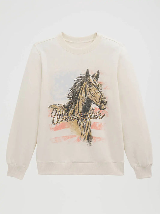 Women's Americana Horse Graphic Fleece Reg Pullover in Egret