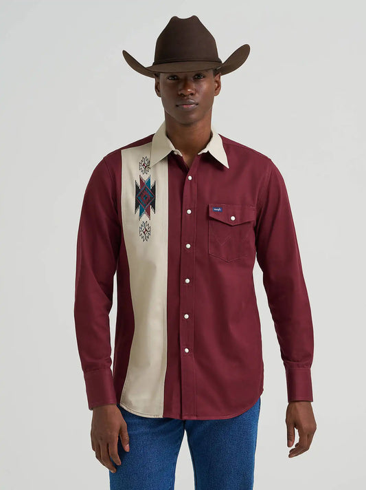 Vintage-Inspired Contrast Band Western Snap Shirt in Wine