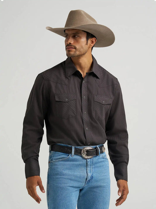 Wrangler® Western Long Sleeve Western Snap Dobby Stripe Shirt in Black