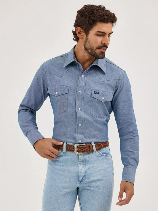 Cowboy Cut Long Sleeve Western Snap Chambray Work Shirt in Chambray Blue