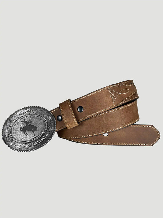 Boy's Rodeo Buckle Leather Belt in Chocolate
