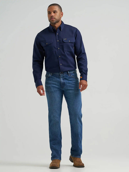 Wrangler® FR Flame-Resistant Button Down Work Shirt in Harbor Navy