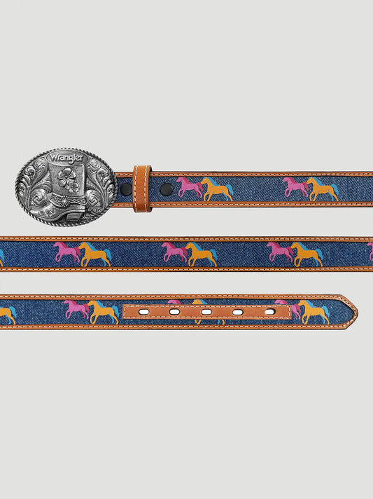 Girl's Denim Horses Buckle Belt in Denim